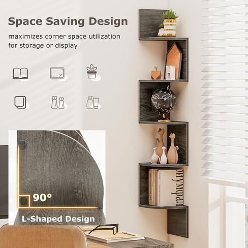 Tangkula 5-Tier Corner Shelf Wall Mount, Farmhouse Floating Corner Bookshelf, Industrial Modern Display Shelf Stand, Wooden Storage Organizer for Living Room Home Office (1, White) in Saudi Arabia
