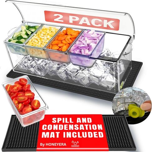 Honeyera Chilled Condiment Server with Lid - 5 Removable Compartments, Condiment Serving Tray with Ice Tray & Free Mat, Clear Fruit Organizer with Ice Chamber, Perfect for BBQs, Mimosa Bars & Parties in Saudi Arabia