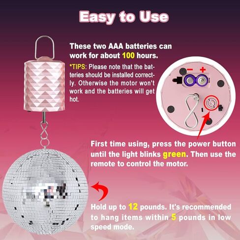 محرك كرة ديسكو، محرك دوار يعمل بالبطارية بقدرة 2000 مللي أمبير في الساعة مع جهاز تحكم عن بعد وتوقيت، محرك صغير قابل لإعادة الشحن عبر USB لسرير الأطفال المحمول ذو اللون الذهبي الوردي للتعليق على شكل كرة مرآة تتناغم الرياح in Kuwait