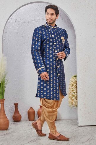 Indian Designer Wedding Festive Wear Jacquard Indo-Western Sherwani Pajama Set For Men in Saudi Arabia