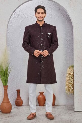 Indian Designer Wedding Festive Wear Men's Jacquard Indo-Western Sherwani Pajama Set in Saudi Arabia