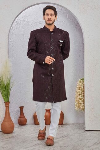 Indian Designer Wedding Festive Wear Men's Jacquard Indo-Western Sherwani Pajama Set in Saudi Arabia
