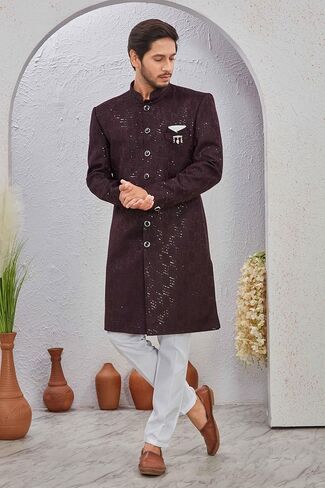 Indian Designer Wedding Festive Wear Men's Jacquard Indo-Western Sherwani Pajama Set in Saudi Arabia