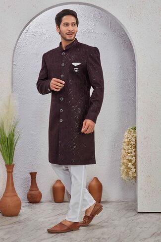 Indian Designer Wedding Festive Wear Men's Jacquard Indo-Western Sherwani Pajama Set in Saudi Arabia