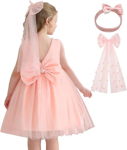 Girls Bow Dress for Birthday Dance Party, Soft Chiffon Princess Set with Headband for 3-8 Years Old in Kuwait
