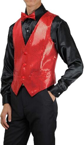 Men's Slim Fit 3 Button Sequin Vest Bow Tie, Sparkly Blazer Waistcoat for Men and Boys in Saudi Arabia