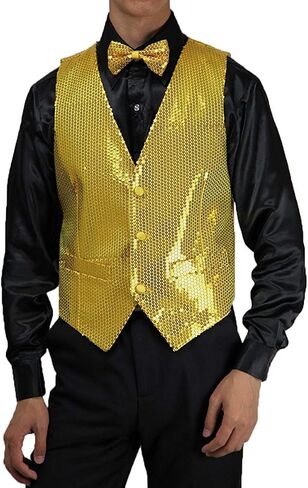 Men's Slim Fit 3 Button Sequin Vest Bow Tie, Sparkly Blazer Waistcoat for Men and Boys in Saudi Arabia