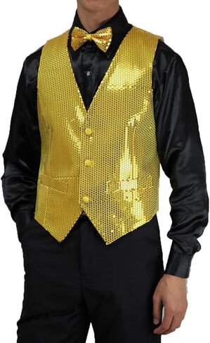 Men's Slim Fit 3 Button Sequin Vest Bow Tie, Sparkly Blazer Waistcoat for Men and Boys in Saudi Arabia