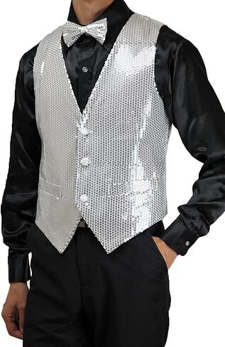 Men's Slim Fit 3 Button Sequin Vest Bow Tie, Sparkly Blazer Waistcoat for Men and Boys in Saudi Arabia