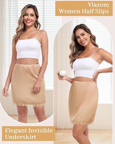 Vlazom Women's Satin Half Slip - High Waisted Silky Underskirt with Lace Trim,Anti-Static Slip Skirt for Dresses S-3XL in Saudi Arabia
