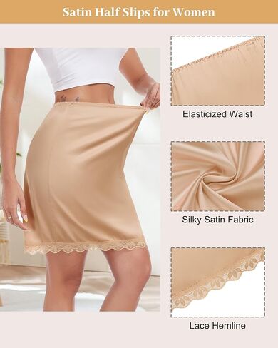 Vlazom Women's Satin Half Slip - High Waisted Silky Underskirt with Lace Trim,Anti-Static Slip Skirt for Dresses S-3XL in Saudi Arabia