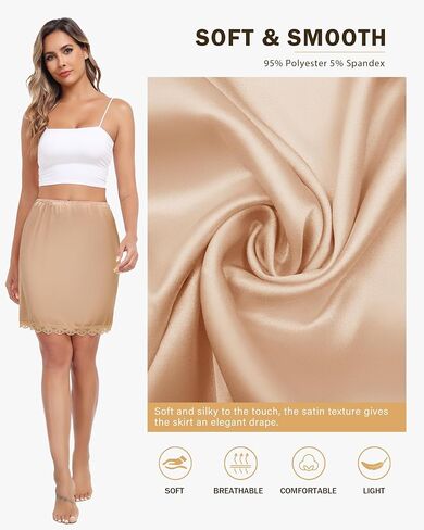Vlazom Women's Satin Half Slip - High Waisted Silky Underskirt with Lace Trim,Anti-Static Slip Skirt for Dresses S-3XL in Saudi Arabia