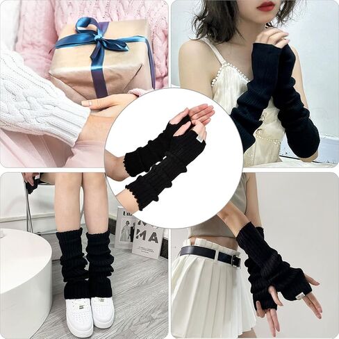 CREATCABIN Arm Warmers Long Sleeve Fingerless Gloves Knitted Soft Elbow Length Arm Warmers Comfortable Cloth Gothic Skateboard Punk Sleeves Thumb Hole for Women Men Black 15.4 x 3.4 Inch in Saudi Arabia