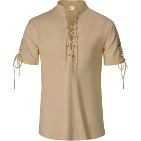 قميص النهضة رجال القراصنة القرون الوسطى Viking Steampunk Top Lace Up V الرقبة الكتان in Kuwait