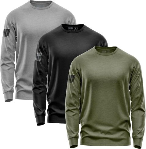 Men 3 Pack Essentials بأكمام طويلة ، قميص طازج طويل الأكمام ، تي شيرت أمريكان رسومية ، الولايات المتحدة الأمريكية in Kuwait