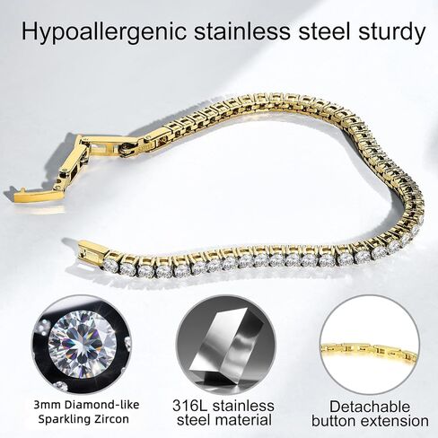 Tennis Bracelet for Women Men, 14K Gold Plated Round 3mm/4mm/5mm AAAA+ Cubic Zirconia CZ Dainty Classic Adjustable Stainless Steel Bracelets Festival Wedding Jewelry Gift in Saudi Arabia