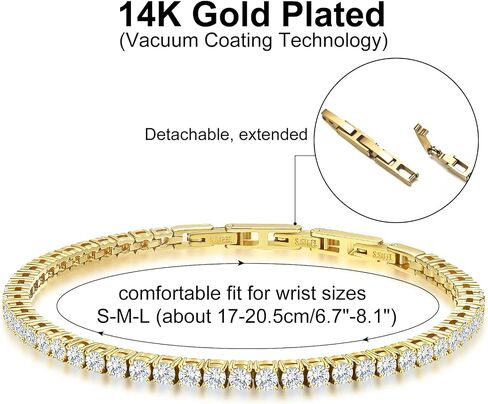 Tennis Bracelet for Women Men, 14K Gold Plated Round 3mm/4mm/5mm AAAA+ Cubic Zirconia CZ Dainty Classic Adjustable Stainless Steel Bracelets Festival Wedding Jewelry Gift in Saudi Arabia
