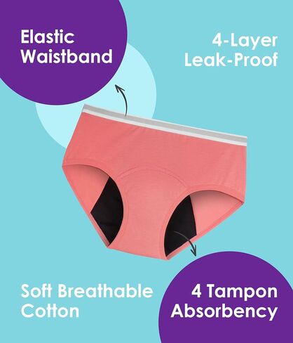 Teen Girls Period Underwear, Menstrual Leak-Proof Heavy Flow Absorbency Washable Protective Cotton Panties 4 Pack in Saudi Arabia