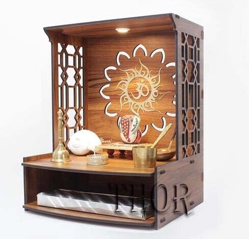 Handmade Beautiful Small Wooden Temple/Pooja Mandir Home and Office Premium Hand Made Wooden Hindu Temple for Home | Wooden Indian Pooja Mandir with Storage Racks | Symbolic God House | Seat of God 11.5"D x 11.5"W x15.5"H in Saudi Arabia