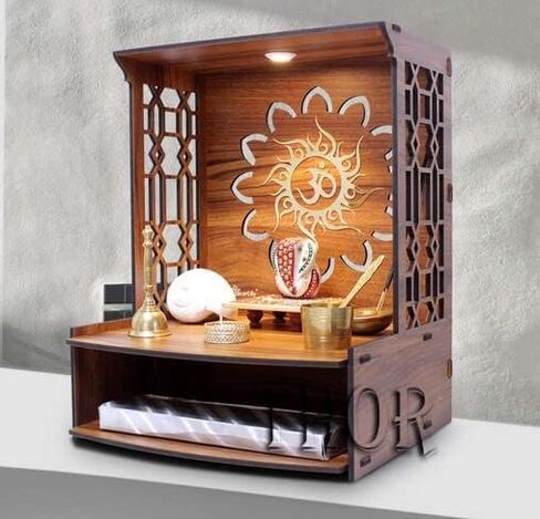 Handmade Beautiful Small Wooden Temple/Pooja Mandir Home and Office Premium Hand Made Wooden Hindu Temple for Home | Wooden Indian Pooja Mandir with Storage Racks | Symbolic God House | Seat of God 11.5"D x 11.5"W x15.5"H in Saudi Arabia
