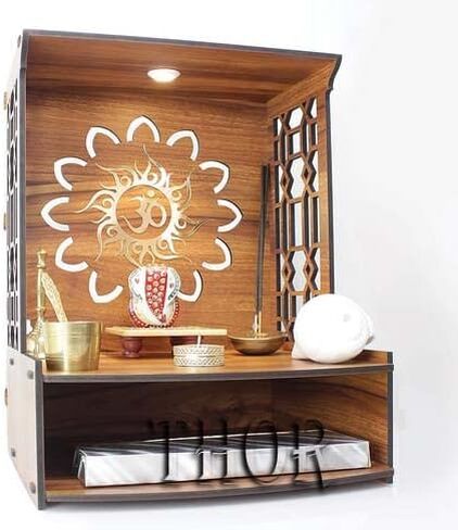 Handmade Beautiful Small Wooden Temple/Pooja Mandir Home and Office Premium Hand Made Wooden Hindu Temple for Home | Wooden Indian Pooja Mandir with Storage Racks | Symbolic God House | Seat of God 11.5"D x 11.5"W x15.5"H in Saudi Arabia