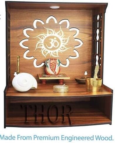 Handmade Beautiful Small Wooden Temple/Pooja Mandir Home and Office Premium Hand Made Wooden Hindu Temple for Home | Wooden Indian Pooja Mandir with Storage Racks | Symbolic God House | Seat of God 11.5"D x 11.5"W x15.5"H in Saudi Arabia