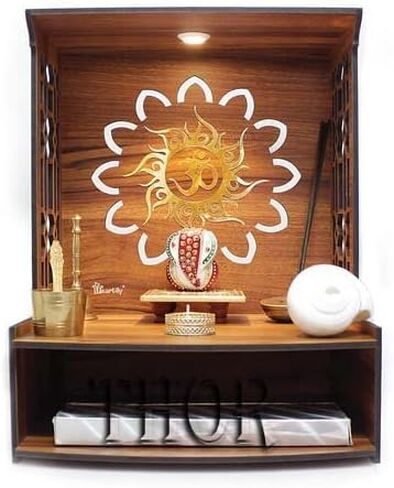 Handmade Beautiful Small Wooden Temple/Pooja Mandir Home and Office Premium Hand Made Wooden Hindu Temple for Home | Wooden Indian Pooja Mandir with Storage Racks | Symbolic God House | Seat of God 11.5"D x 11.5"W x15.5"H in Saudi Arabia