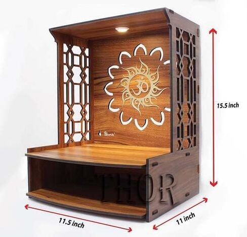 Handmade Beautiful Small Wooden Temple/Pooja Mandir Home and Office Premium Hand Made Wooden Hindu Temple for Home | Wooden Indian Pooja Mandir with Storage Racks | Symbolic God House | Seat of God 11.5"D x 11.5"W x15.5"H in Saudi Arabia