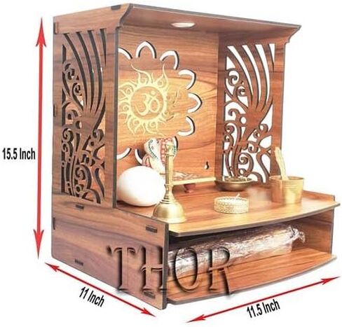 Wooden Temple/ Home Temple/Puja Mandir/Wall Hanging and Table Top Home Mandir Temple /Home Decor 11.5"D x 11.5"W x15.5"H Beautiful Wooden Temple with Storage Box Hindu Temple for Home | Wooden Indian Pooja Mandir with Storage Racks | Symbolic God House |  in Saudi Arabia