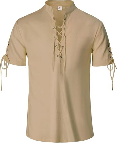 قميص النهضة رجال القراصنة القرون الوسطى Viking Steampunk Top Lace Up V الرقبة الكتان in Kuwait