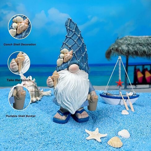 Garden Sea Gnome Statue Decoration Indoor Resin Beach Gnome Sculpture for Home Office Desktop Bathroom, Summer Pool Decoration Gifts (Carrying Bucket of Shells) in Kuwait