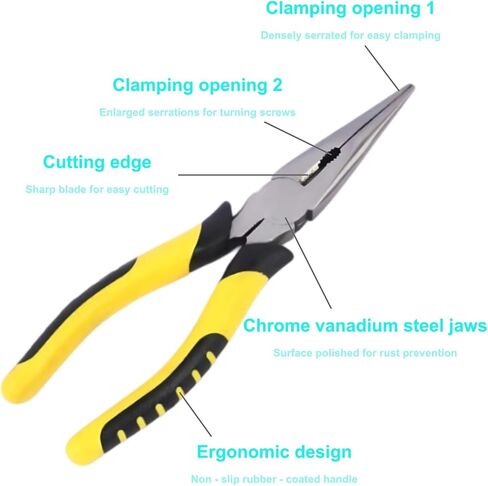 8-Inch Needle Nose Pliers: Paper Clamp Precision, Premium Heavy-Duty CRV Steel, Large Soft Grip with Wire Cutter,Chrome Vanadium Steel Long Nose Cutting Pliers in Kuwait