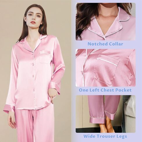 Siik 100 ٪ Mulberry Silk Pajama مجموعات للنساء - مجموعات الملابس الداخلية ذات اللون الوردي 2 ، مجموعات Lounge Sleepwear PJS in Saudi Arabia