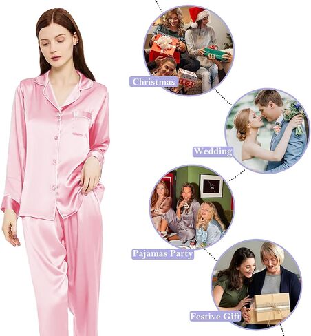 Siik 100 ٪ Mulberry Silk Pajama مجموعات للنساء - مجموعات الملابس الداخلية ذات اللون الوردي 2 ، مجموعات Lounge Sleepwear PJS in Saudi Arabia