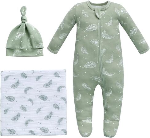 Owlivia Organic Take Me Home Outfit Set, Newborn Baby Boy Girl Footed Pajama Hat and Muslin Blanket Gift Set,3 Pcs in Saudi Arabia
