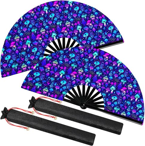 Boao 2 PCS كبير الهذيان القابل للطي الحرير المشجعين الصينيين UV Glow Tai Ji Fan for Men Women for Festival ، رقصة الخط ، Kungfu ، فنون القتال ، حفلة الموسيقى ، الأداء (القط لطيف) in Kuwait