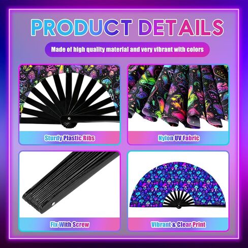 Boao 2 PCS كبير الهذيان القابل للطي الحرير المشجعين الصينيين UV Glow Tai Ji Fan for Men Women for Festival ، رقصة الخط ، Kungfu ، فنون القتال ، حفلة الموسيقى ، الأداء (القط لطيف) in Kuwait