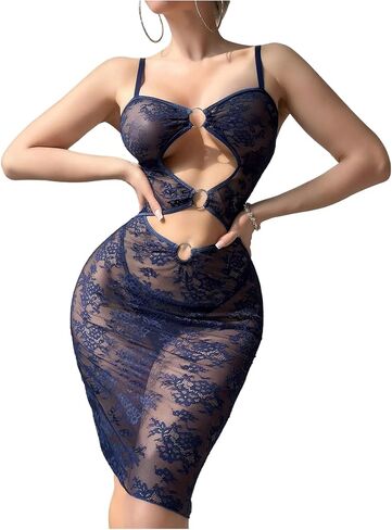 OYOANGLE Women's 2 Piece Floral Lace Ring Design Bodydoll Dress Nightgown Tongs Lingerie Set in Saudi Arabia