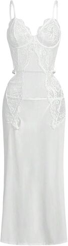 WDIRARA Women's 2 Piece Lace Babydoll Lingerie Set Cut Out Slit Chemise Nightgowns with Thongs in Saudi Arabia