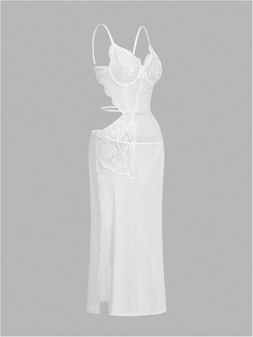 WDIRARA Women's 2 Piece Lace Babydoll Lingerie Set Cut Out Slit Chemise Nightgowns with Thongs in Saudi Arabia