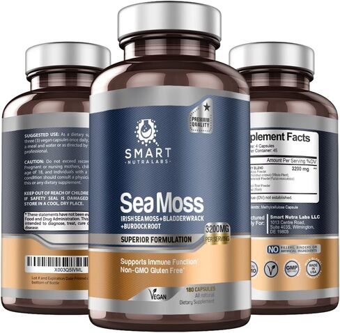 Smart Nutra Labs Organic Sea Moss 3200MG Per Serving- 180 Vegan Capsules- Irish Sea Moss, Bladderwrack and Burdock Root- Premium Quality Supplement for Immune Support and Overall Health in Saudi Arabia