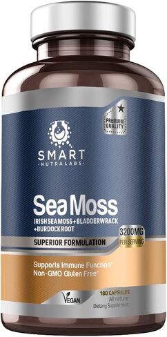 Smart Nutra Labs Organic Sea Moss 3200MG Per Serving- 180 Vegan Capsules- Irish Sea Moss, Bladderwrack and Burdock Root- Premium Quality Supplement for Immune Support and Overall Health in Saudi Arabia