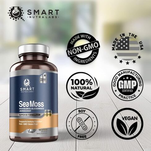 Smart Nutra Labs Organic Sea Moss 3200MG Per Serving- 180 Vegan Capsules- Irish Sea Moss, Bladderwrack and Burdock Root- Premium Quality Supplement for Immune Support and Overall Health in Saudi Arabia