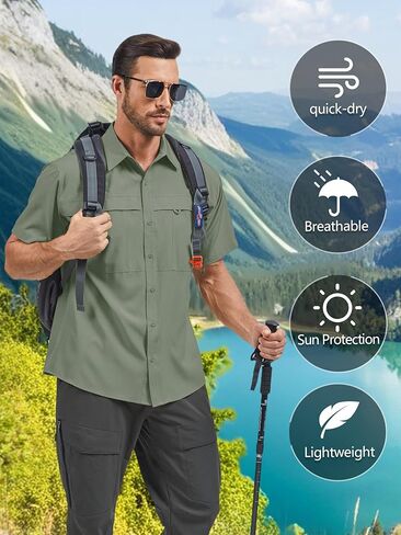 Men's Fishing Shirts Short Sleeve UPF 50+ Sun Protection Shirts, Mens Cargo Quick Dry Shirt for Hiking Safari Camping in Kuwait