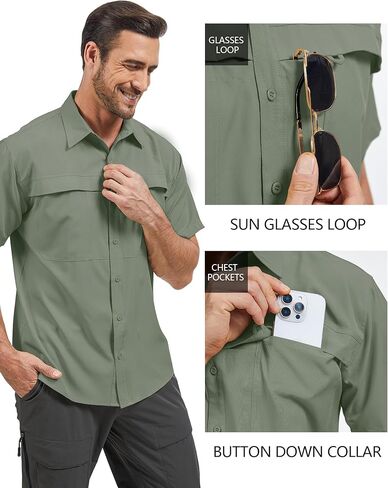 Men's Fishing Shirts Short Sleeve UPF 50+ Sun Protection Shirts, Mens Cargo Quick Dry Shirt for Hiking Safari Camping in Kuwait