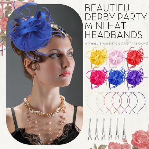 6 Pcs Derby Party Supplies Hat Headband for Women Fascinator Hats for Women Tea Party Hat Wedding Church Bridal Cocktail Feathers Hair Clip in Kuwait