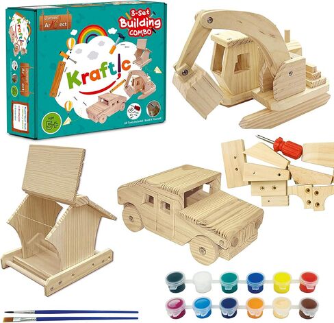 Kraftic Woodworking Building Kit for Kids and Adults, 2 Educational DIY Carpentry Construction Wood Model Kit Toy Projects for Boys and Girls - Build a Wooden Town Hall Birdhouse and Train in Saudi Arabia