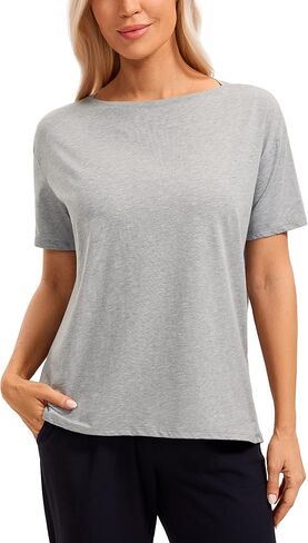 CRZ YOGA Women's Pima Cotton Short Sleeve Shirts Loose Fit Gym Workout T-Shirt Athletic Casual Tops Heathered Medium Grey Small in Saudi Arabia