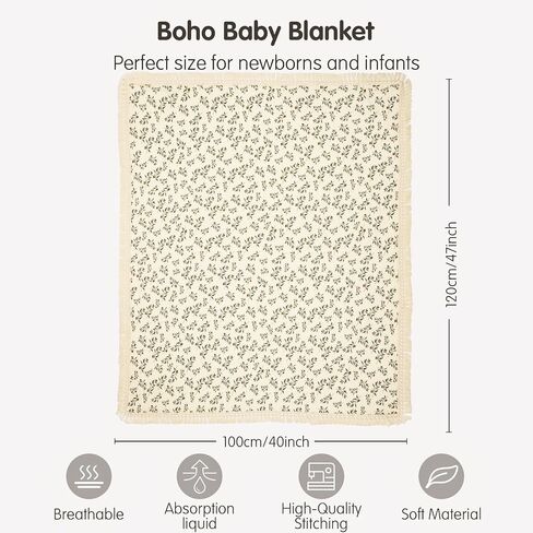 insular Cotton Muslin Baby Blanket with Tassel, Boho Bohemian Muslin Swaddle Blanket Baby Receiving Blanket with Fringe, Nursery Decor Throw or Nursing Blankets, 47" x40", Little Bear in Saudi Arabia