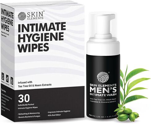Skin Elements Intimate Hygiene Combo| Intimate Wash Men 120 ml+Intimate Wipes 30 Individual Sachets With Tea Tree & Neem Extracts - pH Balanced Foaming Wash Prevents Irritation & Bad Odor in Saudi Arabia